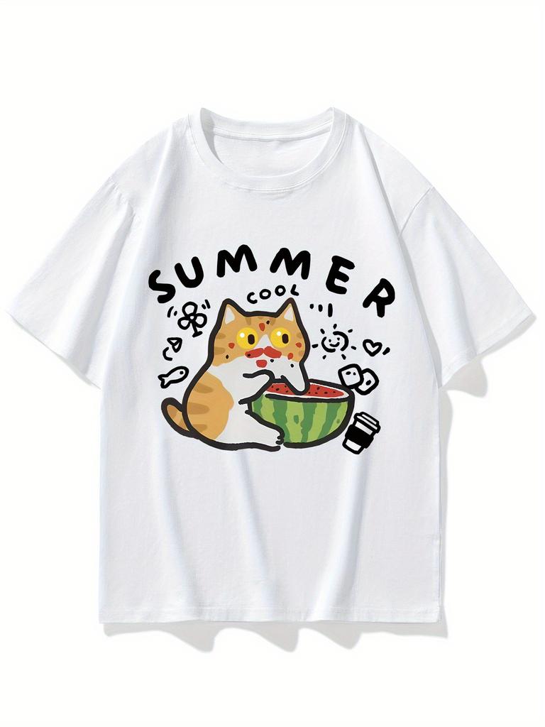 Cute Orange Cat Eating Watermelon Graphic TShirt Summer Cool Cartoon Cotton Unisex Oversized Tee