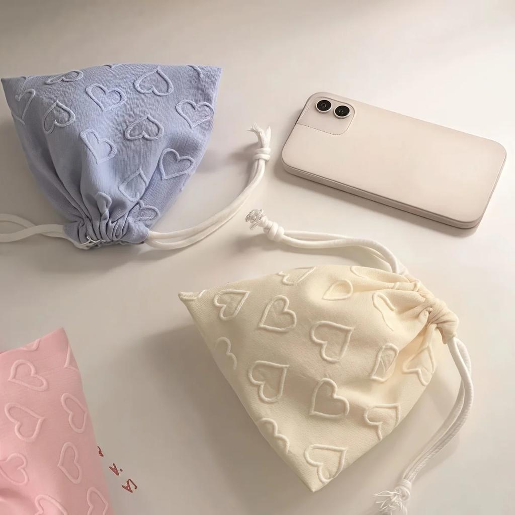 1pc Cute Heart Print Drawstring Storage Bag - Portable Travel Organizer for Chargers, Earphones,and Data Cables,Cute Storage Bag