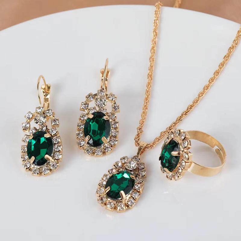 Necklace Earring Ring Three Piece Set Women's Water Droplet Heart-shaped Rhinestone Sets Fashionable Bridal Accessory