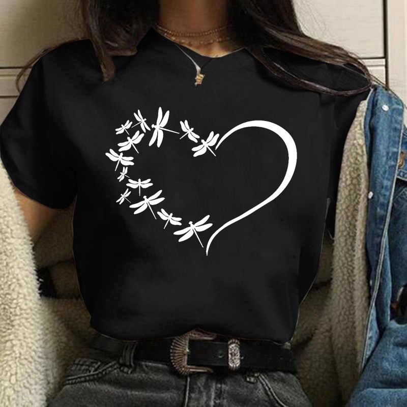 New Love Heart Dragonfly Print Women T-Shirt Fashion Casual Short Sleeves Ladies O-Collar T Shirts Streetwear Graphic Print Tops