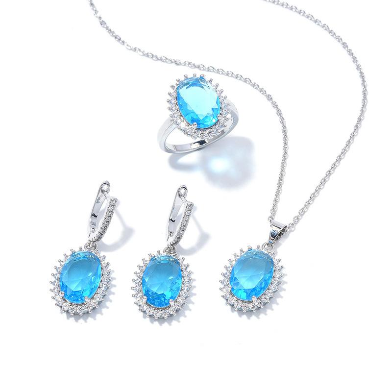 Explosive Oval Zircon Set Super Flash Ring Earrings Necklace Jewelry Set