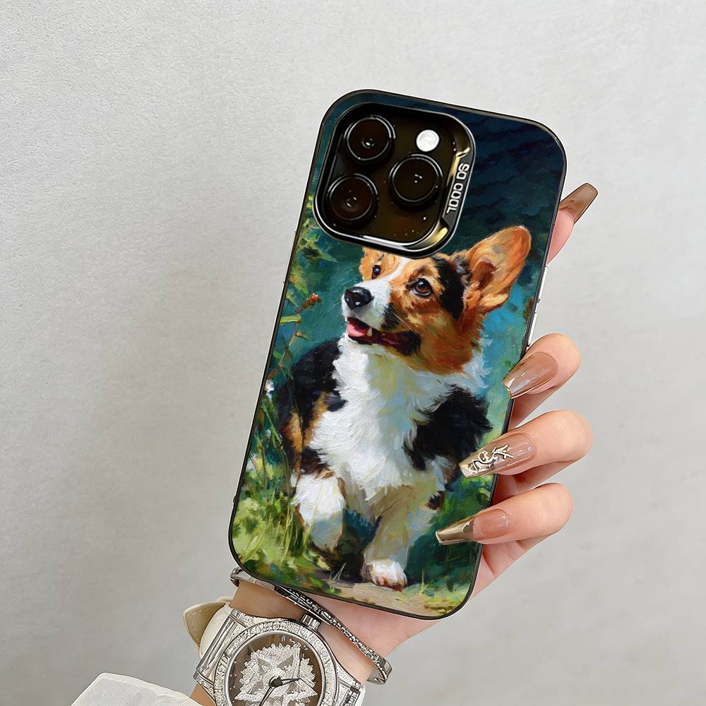 Oil Painting of a Dog Phone Case For iPhone 17,16,15,14,13,12,11 Plus,Pro Max,XS,Colored Silver Plated Inside Cover