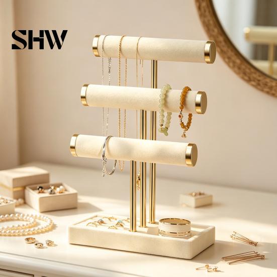 T-shaped Jewelry Holder 3 Tier Velvet Organizer, for Bracelet, Countertop Necklaces Rings, & Earrings, Stand with Storage Tray Tiered Organizer