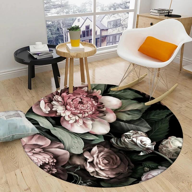 Peony Rose Flower Round Carpet Botanical Floral Area Rug Soft Non-slip Circle Floor Mat for Bedroom Living Room Chair Sofa Decor