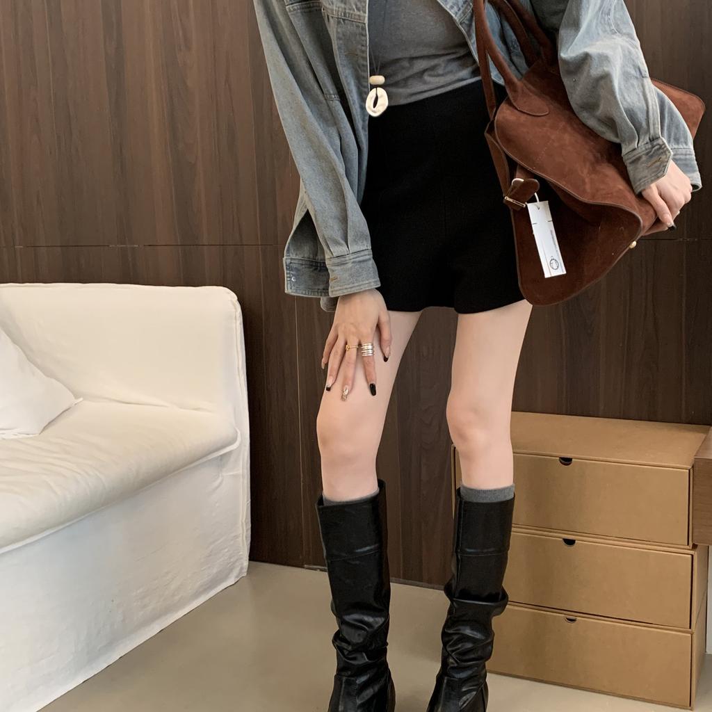 Botas Skinny de Camurça Cáqui Botas de Cavaleiro com Pelo Femininas 2025 Novo Outono e Inverno Skinny Salto Alto Botas Longas