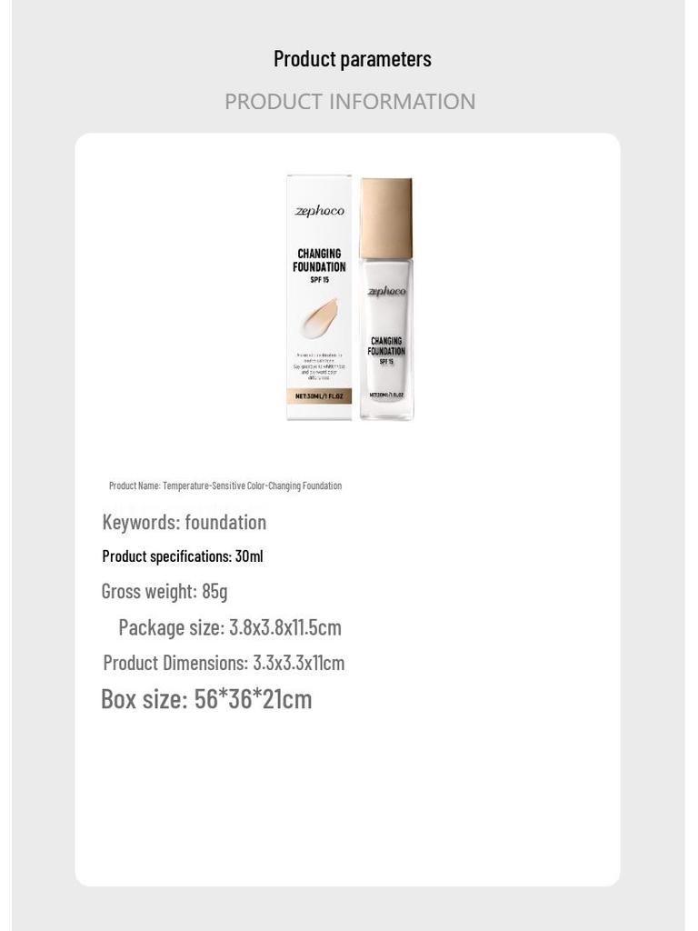 Zephoco Thermo-chromic Color-Correcting Liquid Foundation: Light, Hydrated, Natural Finish with Excellent Concealing Properties.