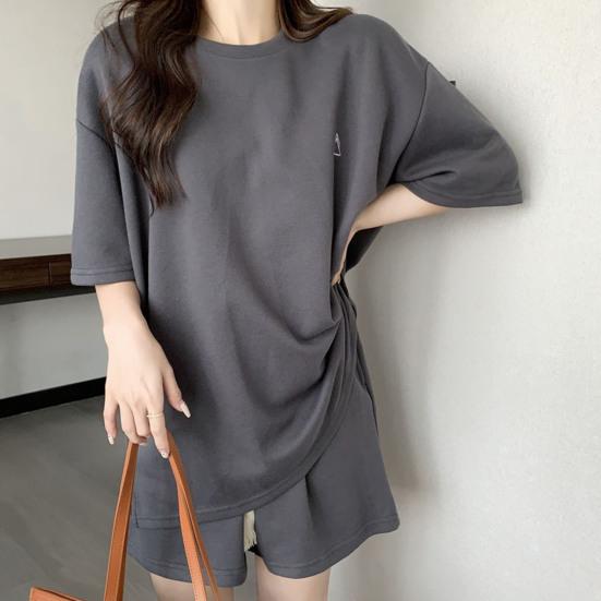 2 ks/sada O-neck s krátkým rukávem Ležérní outfit Elastický pas Kapsy se stahovací šňůrkou Dámské Jednobarevné tričko Široké nohavice Set Streetwear