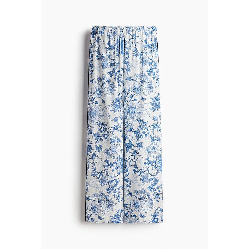 

HM Women s Casual Pants Fall 2025 New Arrival Crepe Woven Large Print Drawstring Pants 1261358 White/Blue Florals 165/80(M)