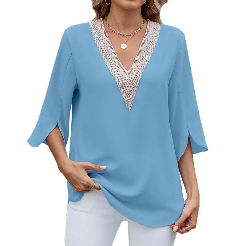 Women's Spring and Summer New Solid Colour V-neck Mid-sleeve Lace Chiffon Blouse