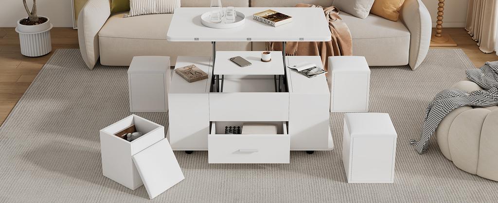 Mesa de centro, regulable en altura, mesa de sofá móvil, multifuncional 4 en 1, convertible en mesa de comedor de sala de estar, con cajones, 4 taburetes, blanco