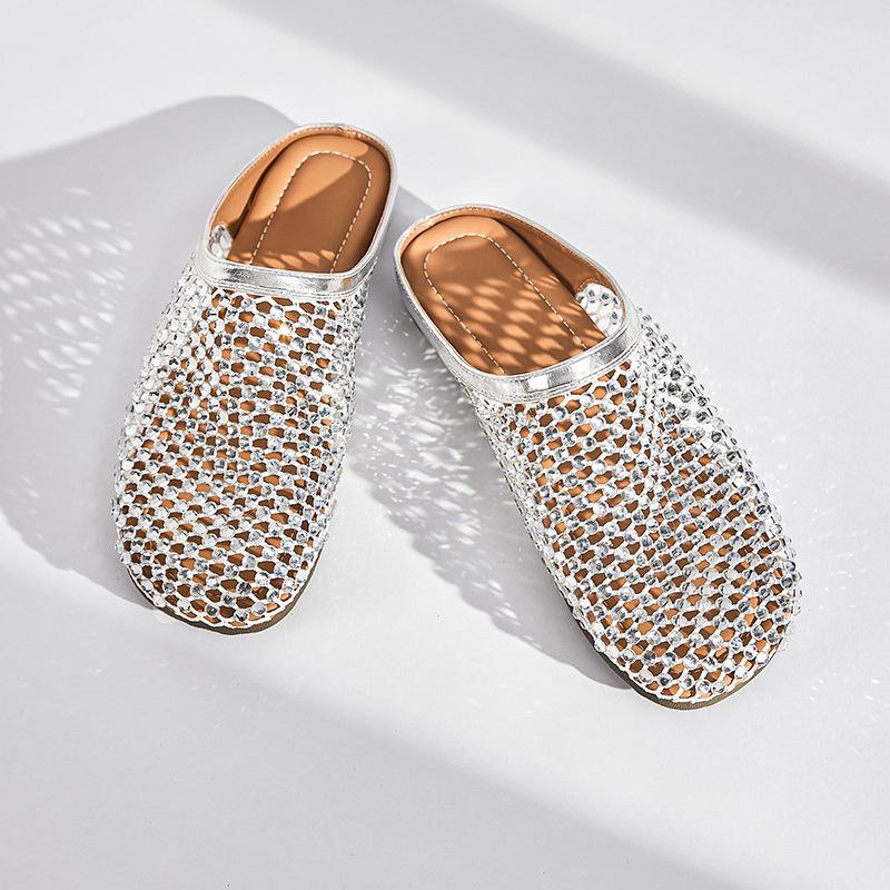 2025 Summer New Flat-bottomed Bag Head Half Slippers Women's Golden Fishing Net Full of Diamonds Hollow Sandals Wear Light Single Shoes