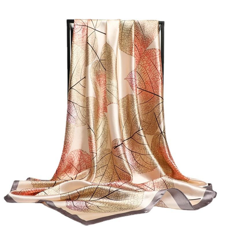 Elegant celebrity style leaf pattern printing large square scarf sunscreen silk scarf travel shawl versatile generous scarf 91cm