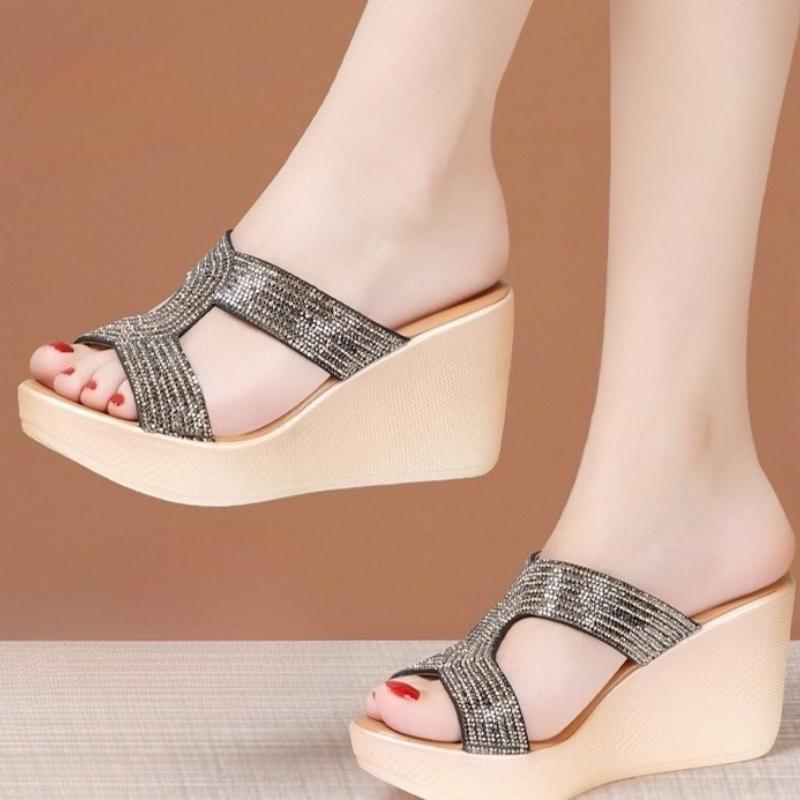 

Fashion 2025 New Rhinestone Slippers Women Comfortable and elegant Fashion Crystal Slides Platform Shoes Lady Sexy Shiny Diamond 40 чёрный