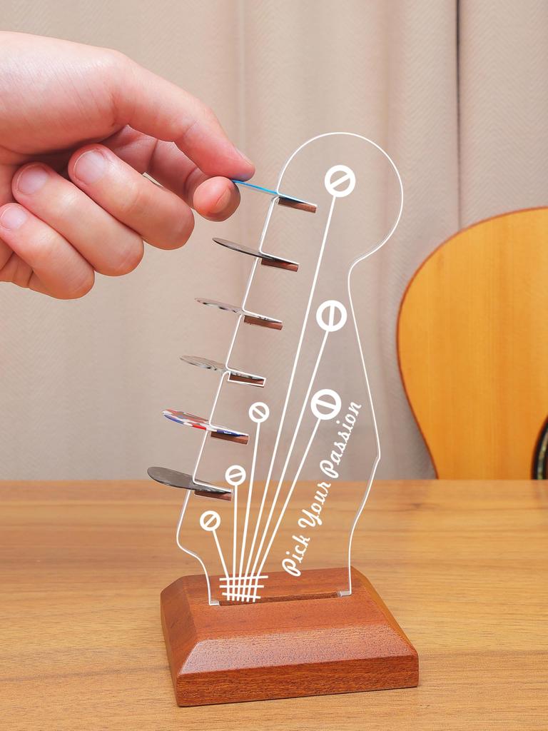 CoolGift Mart Guitar Pick Holder with Wooden Base for Pick Storage and Acrylic Electric Guitar Pick Stock Display Light-Up