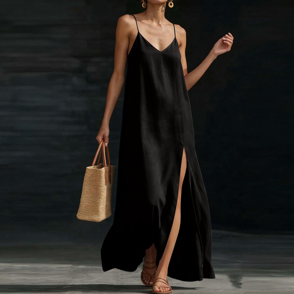 Women’s Sleeveless Maxi Dress with Adjustable Spaghetti Straps and Side Slit Relaxed Fit Long Sundress for Summer Beachwear