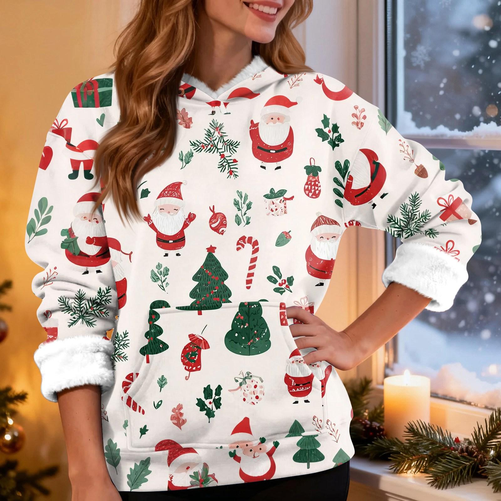 

Женская модная повседневная толстовка с капюшоном и длинным рукавом с рождественским принтом XL белый