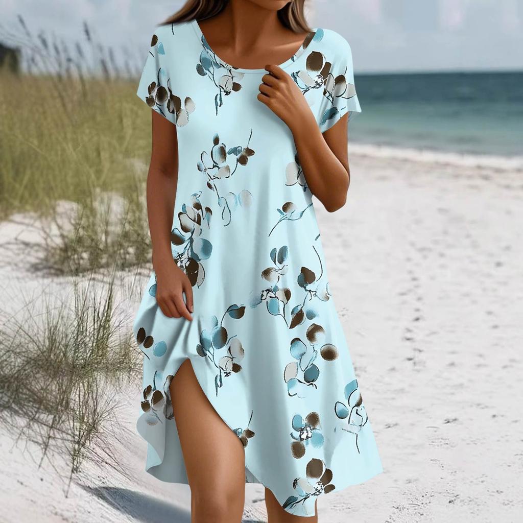 Women's Summer Short Sleeve Round Neck Floral Print Bohemian Dress With Pockets
