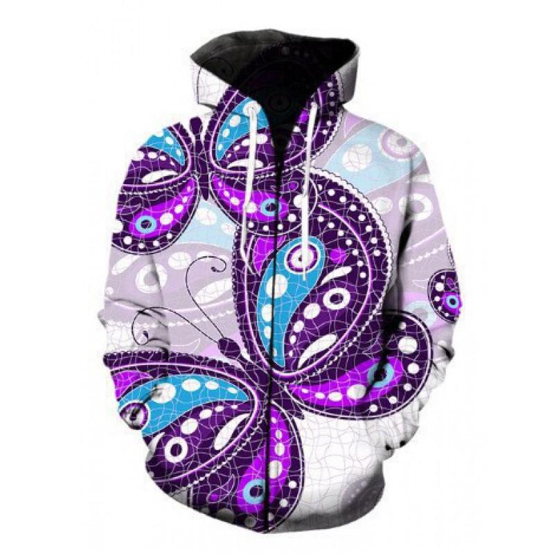 Mens Hooded Zip-Up Sweatshirt With 3D Butterfly Print Stand-Up Collar Front Patch Pockets Loose Fit Fall Casual Wear