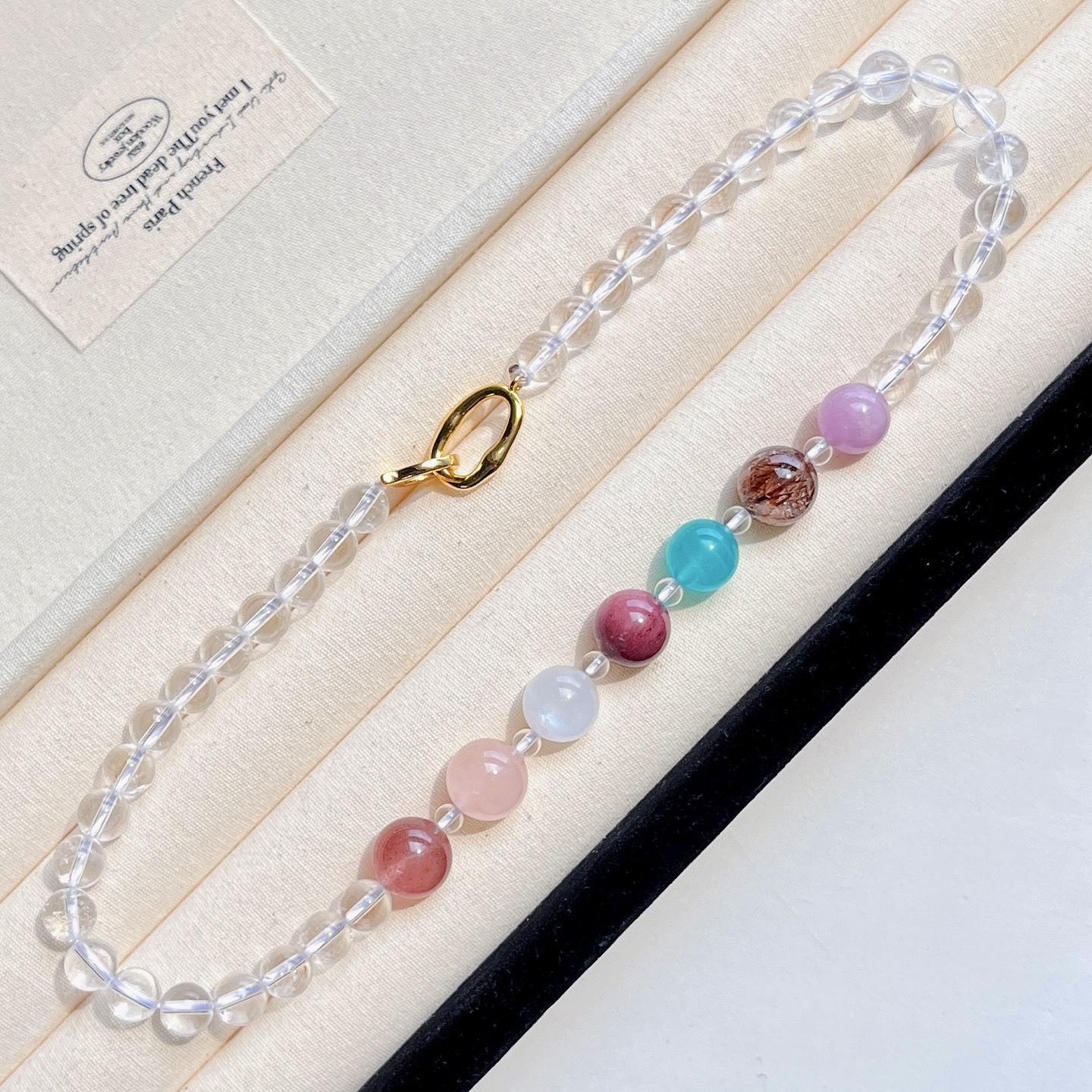 

High Quality Natural Purple Lithium Pearl Black Gold Super Seven White Crystal Moonstone Duobao Necklace Clavicle Chain