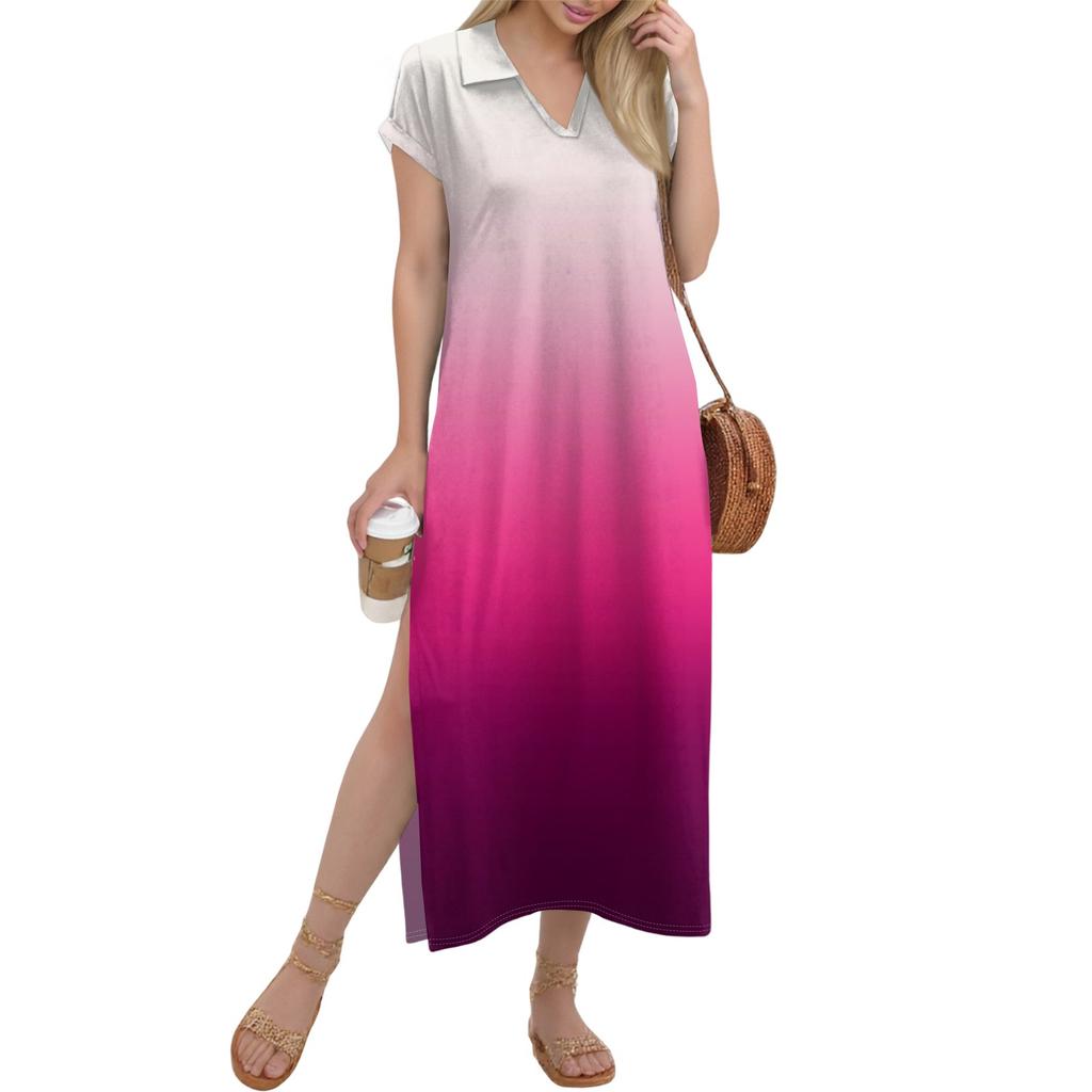 Damen Langer Rock Lässiges V-Ausschnitt Langes Hemdkleid Lockerer Schlitz Urlaub Kurzarmkleid