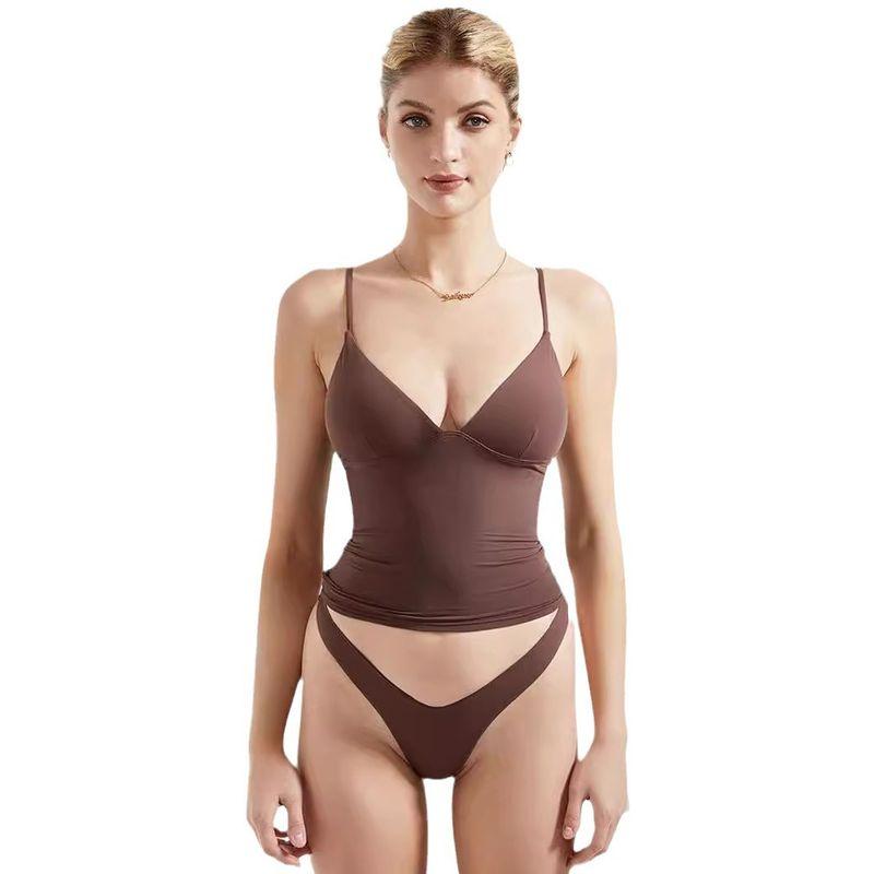 

Solid Color V-neck Slim Fit Sling Set Women s Solid Color and V-neck Sleeveless Overall Dress Set Coffee XL