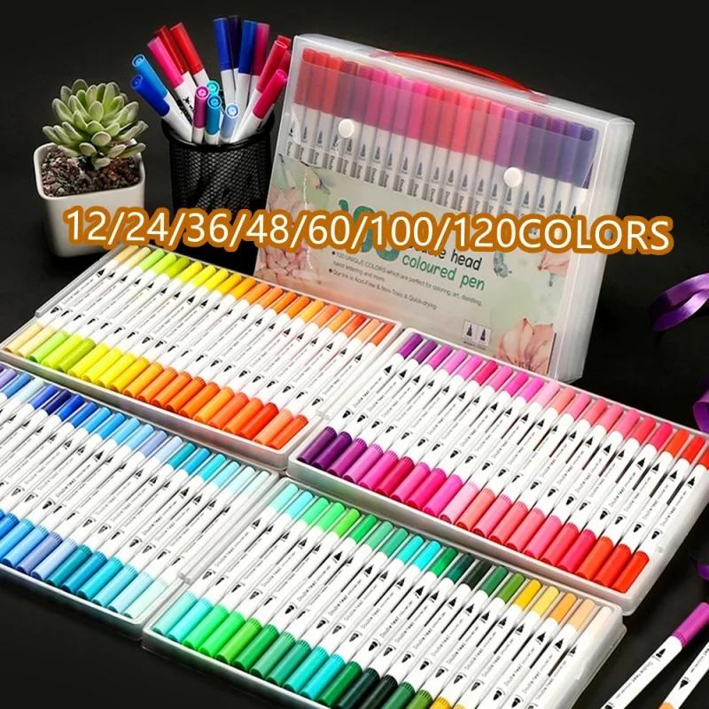 12/24/100/120 Colors Felt Tip Drawing Watercolor Art Markers Pen Dual Brush Fineliner Colouring Pen Set for Calligraphy Painting