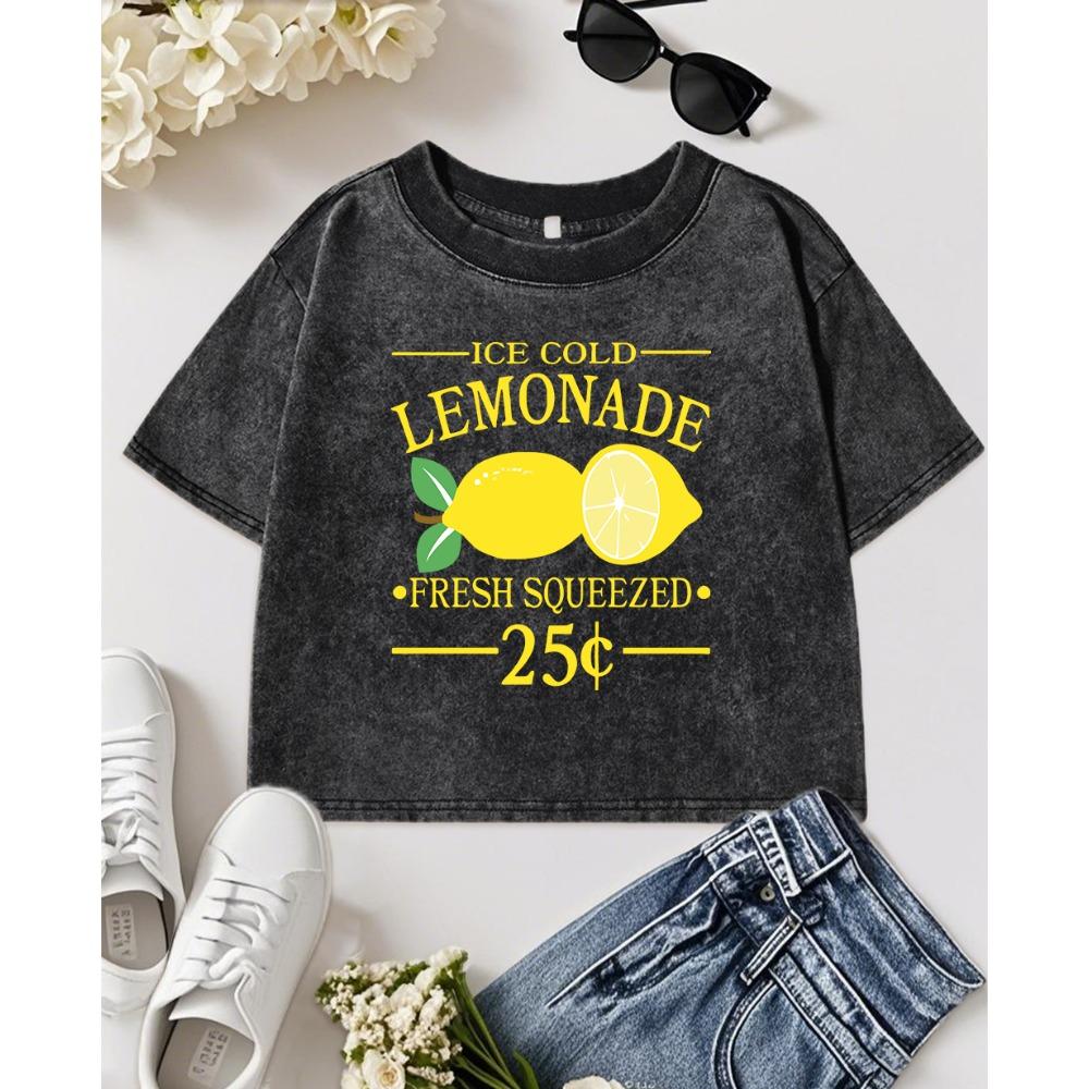 Iced Cold Lemonade Fresh Squeezed  Print Women Washed Slim Streetwear Vintage O-Neck T-Shirt Cotton Top