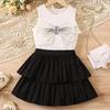 Set Moda Estiva da Ragazza, Top Casual Senza Maniche Girocollo con Fiocco per Bambini, Set Due Pezzi di Culottes e Pantaloni Monocromatici
