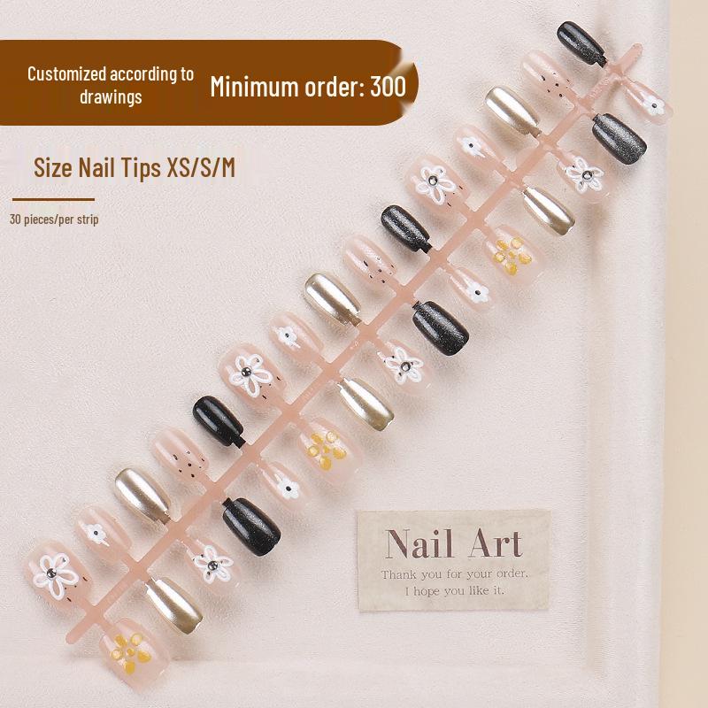 Handmade 3D Floral Mirror Powder Press-On Nails with Nail Art Stickers