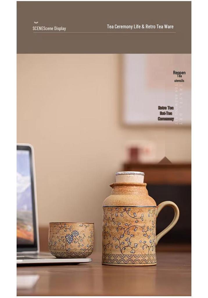 Ancient Lotus Woven Stem Thermos & Teacup Set - Ceramic Insulated Pot with Retro Mute Design, Ideal for Business Gifts and Souvenirs.