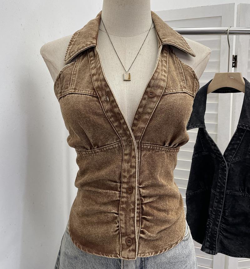 Women's Halter V-Neck Denim Vest: Body-Hugging, Elastic Back, Short, Sleeveless Top. Style 830.