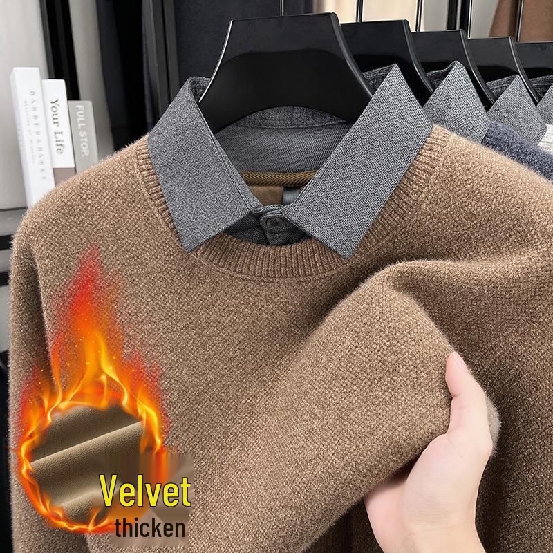 Men s Plush Chenille Knit Sweater with Shirt Collar M (165) / Recommended: 95-115 lbs