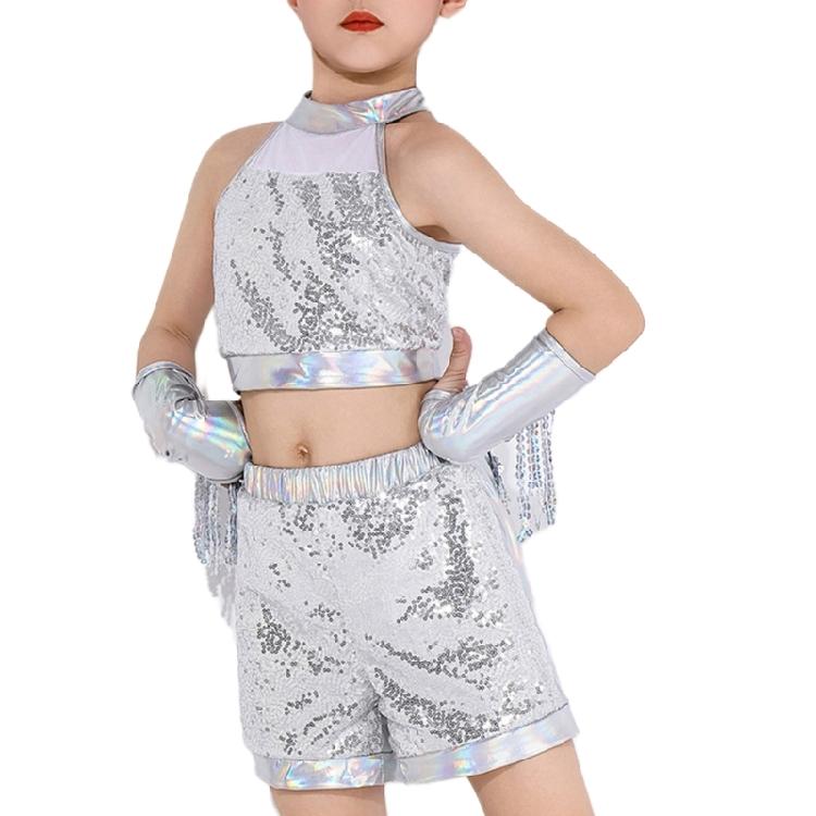 Girls Latin Dance Costume Kid Crop Top Shorts with Tassels Arm Sleeve Sequins Dance Outfit for Party