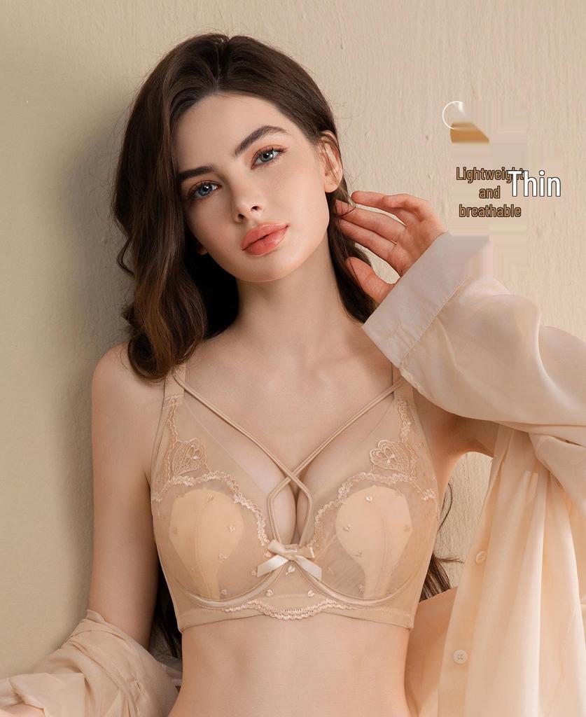 French Style Ultra-Thin Breathable Large Bust Minimizing Push-Up Bra with Soft Underwire and Rabbit Ear Crystal Cup
