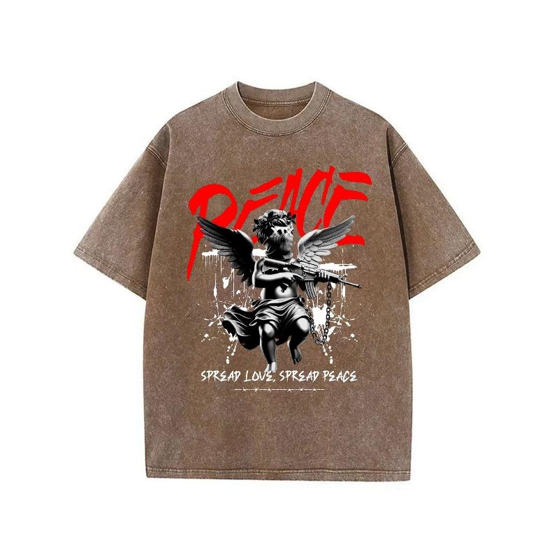 

Washed Men S T-Shirt | Graphic Tee | Winged Figure Print with Red PEACE And SPREAD LOVE SPREAD PEACE Text | Casual Crew Neck Short-Sleeve Top 5XL дубильна кора