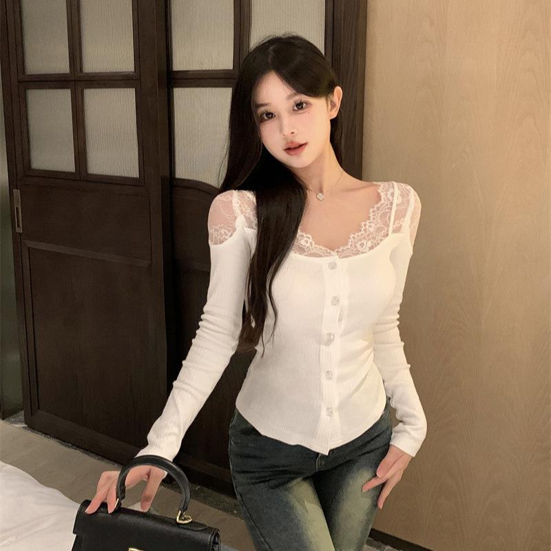 Lace splicing long-sleeved knitted sweater women's autumn and winter new sexy pure desire slim short inner