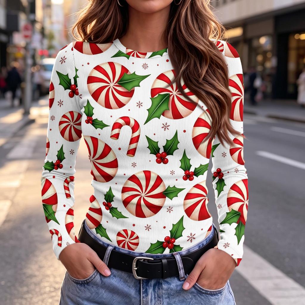 Women's Slim Fit Christmas Print Long Sleeve Round Neck T-Shirt for Holiday Party and Casual Wear
