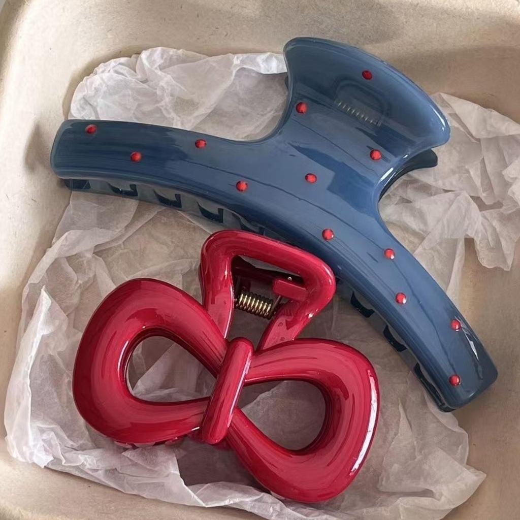 2Pcs French Style Shark Claw Clamp Hairpin Vintage Polka Dot Red Bow Hair Clip Barrette Headwear Hair Accessory For Women