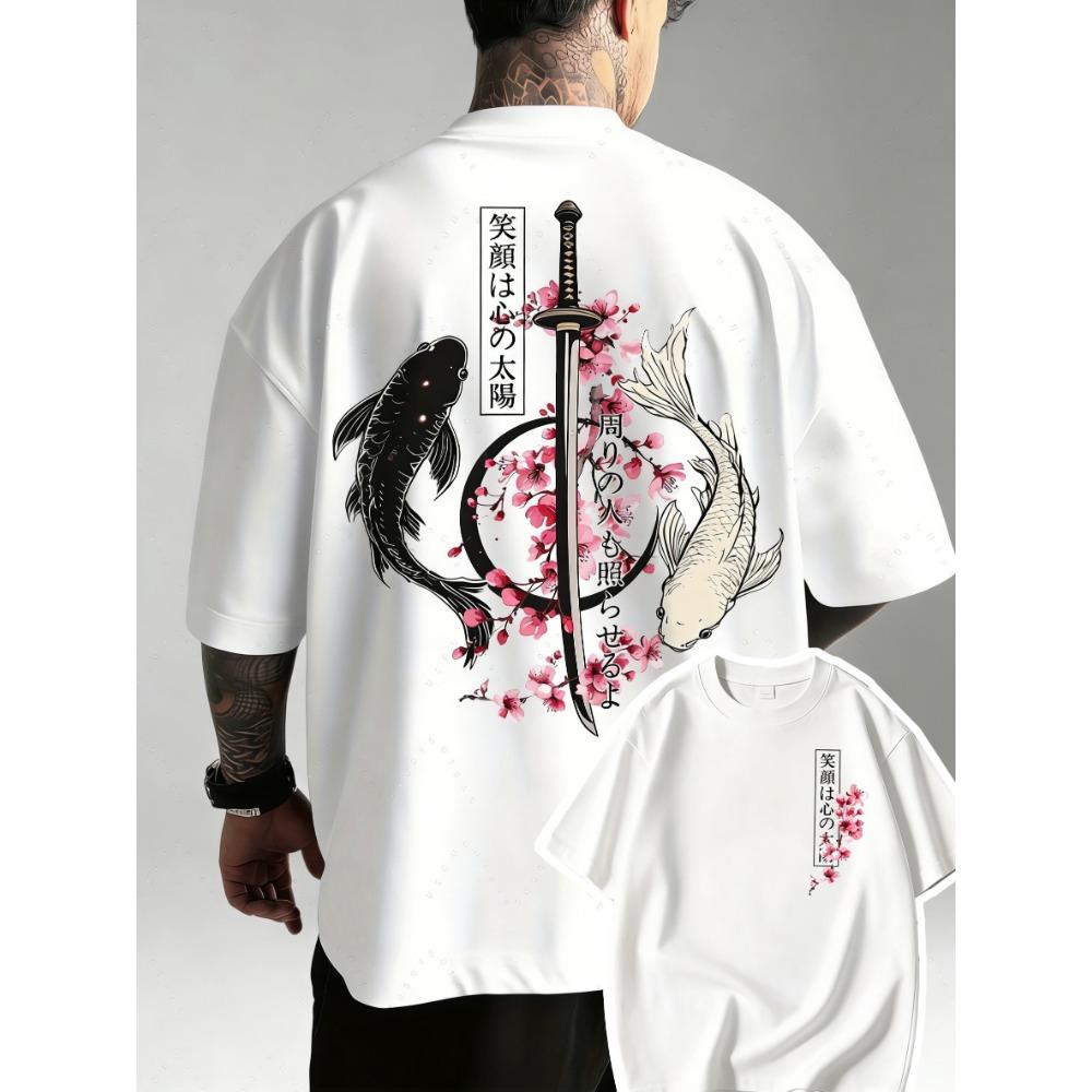 Letnia japońska Yin Yang Ryba Koi Wzór Miecz Samurajski Bawełna Męski T-shirt Krótki Rękaw Koszulka