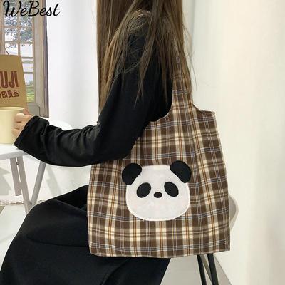 Brown Plaid Bag Women's Hundred Large Capacity Bear Bag  Embroidery Bags