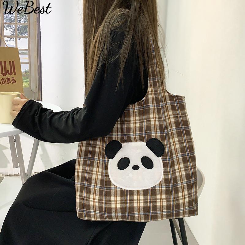 

Brown Plaid Bag Women s Hundred Large Capacity Bear Bag Embroidery Bags