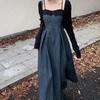 Spring & Autumn Color Block Denim Strappy Slim-Fit Long Dress
