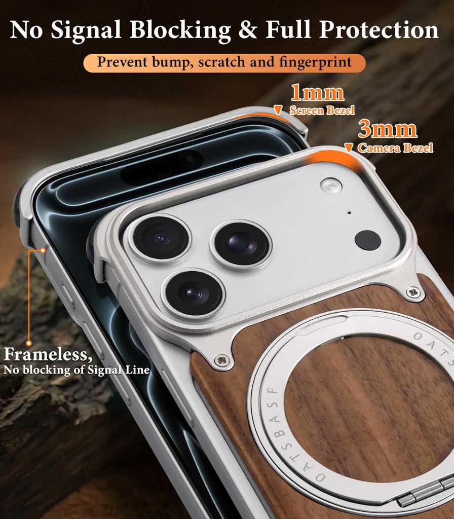Oatsbasf Solid Wooden Phone Case for IPhone 17 16 Pro/Pro Max with Ring Stand 360° Rotation Magnetic Shockproof Protective Cover
