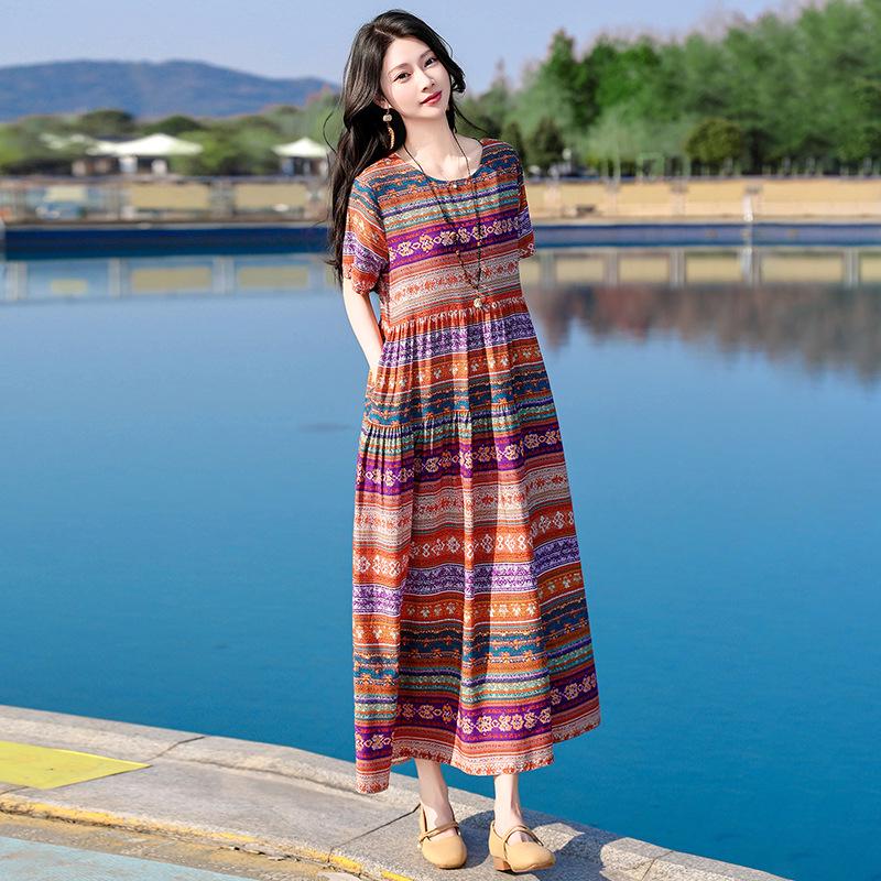 Bohemian Chiffon Midi Dress - Women s Plus Size, Slimming, Loose Fit, Summer Vacation Style (2026) XL (90-120 jin)