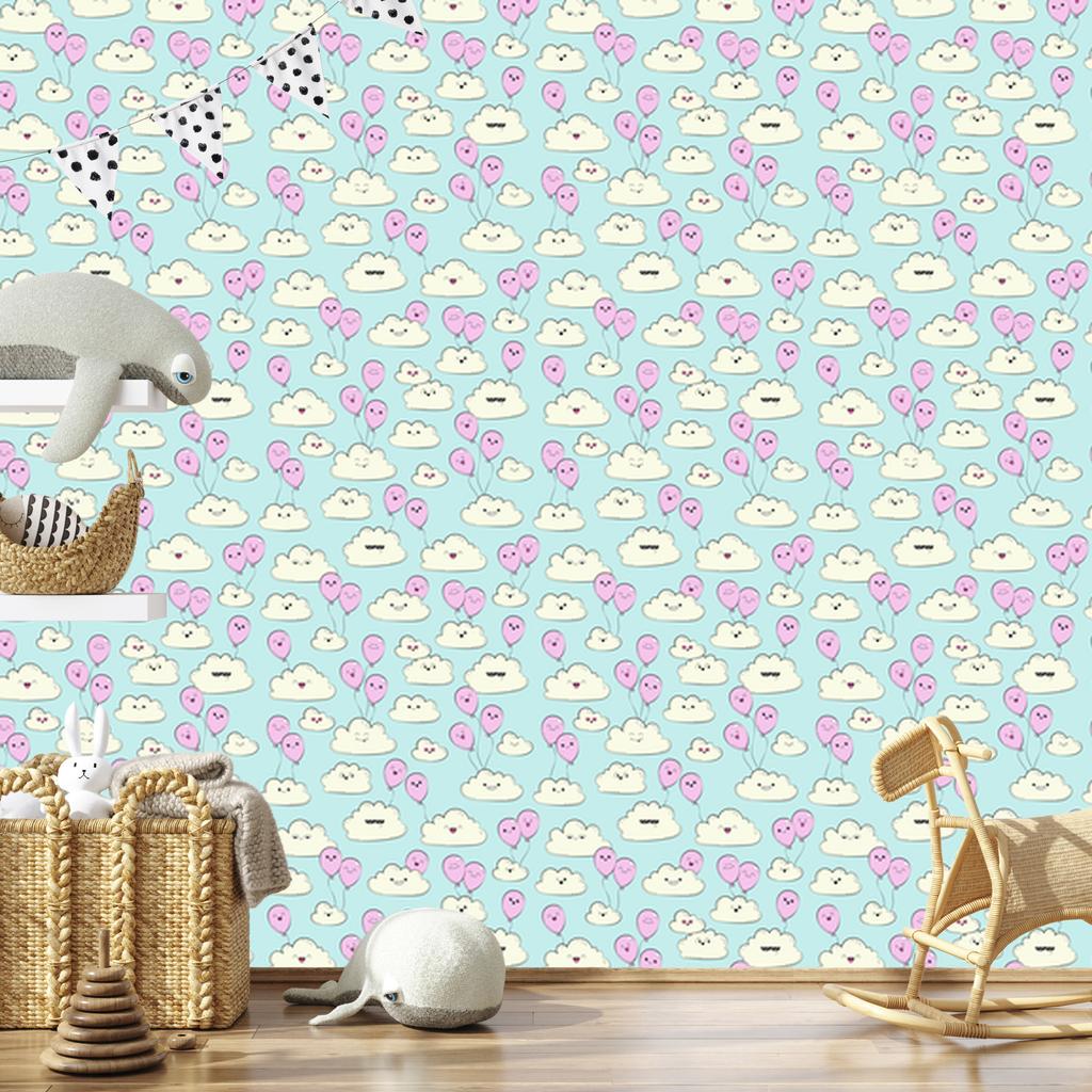 Joyful Clouds and Pink Balloons Wallpaper for Living Room and Bedroom 50x1000