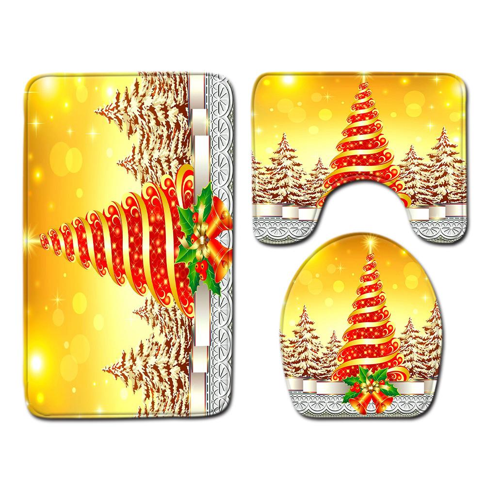 Christmas Shower Curtain Floor Mat Combination Four-Piece Set Bathroom Toilet Carpet Shower Room Mat Foot Mat