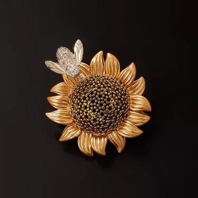 Spilla Personalizzata Ape che Raccoglie Girasole, Spilla Girasole Squisita da Donna di Alta Gamma, Spilla Design di Nicchia, Abito e Accessori