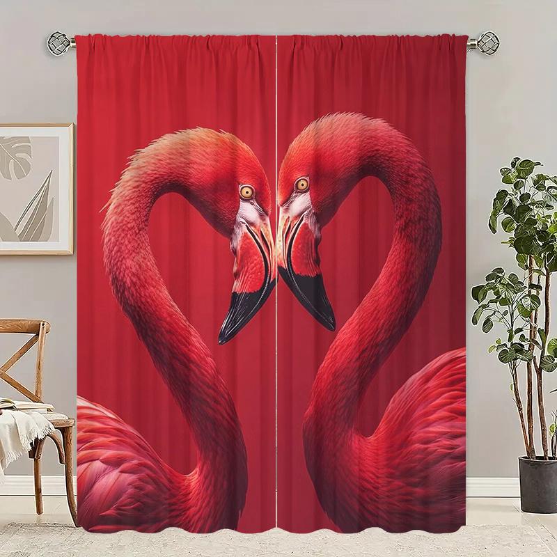 2 Pieces - Valentine's Day Flamingo - Printed Curtain 100% Polyester, Suitable for Home Decor (excluding Light Poles)