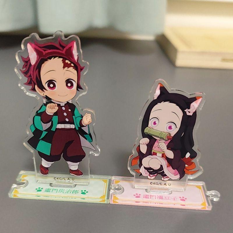 Giyu Cat Ears Figure Q Acrylic Stand Mini Tanjiro Cute Cat Standing Plate Zenitsu Acrylic Ornaments Collectible Accessory Toys