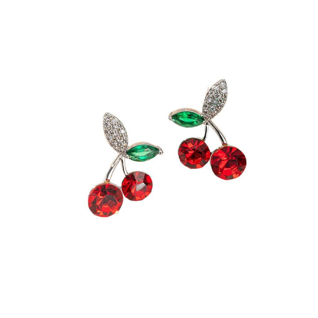 Green Leaf Red Cherry Stud Earrings for Women Earring Jewelry Gift